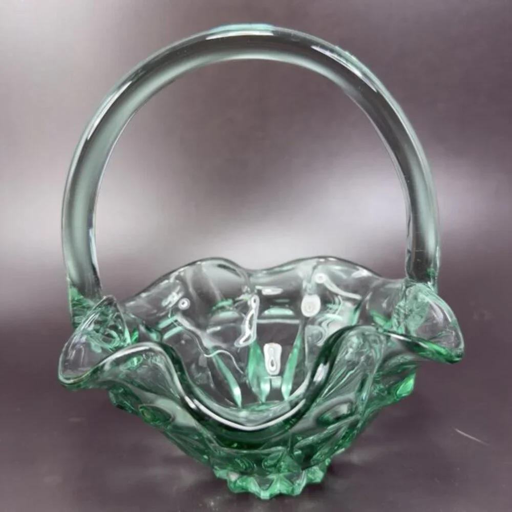 Vintage 1990s Fenton Sea Mist Green Glass Basket Ruffle‎ Edge Bowl W Handle VTG